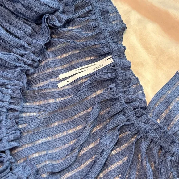 Anthropologie Long-Sleeve Sheer Striped Crop Blouse In Wedgwood Womens XL - Picture 6 of 7